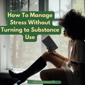 A woman sitting in a window sill using a book to manage stress.