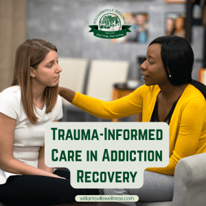 Therapist comforting a client while providing trauma-informed care in addiction recovery.